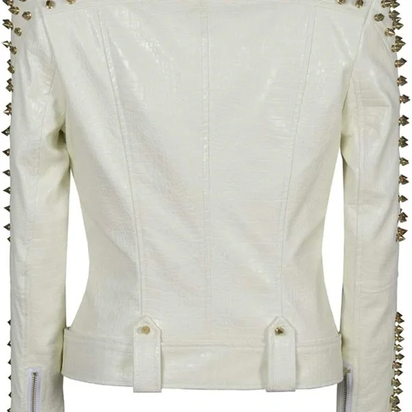 NWT SX Women Faux Leather PU White Jacket Studded Rivet Fashion Jacket Size M - Picture 7 of 12